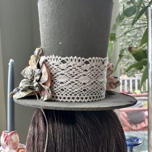 Gray Paper Top Hat with Flowers (Modeled on 7-8″ Head)