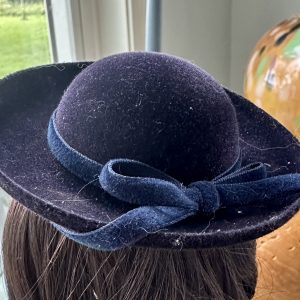 Black Velvet Hat with Navy Ribbon (Modeled on 7-8″ Head)