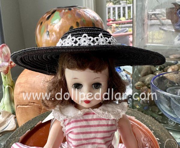 Black Wide-Brim Straw Hat with White Ribbon (Modeled on 4-5" Head)