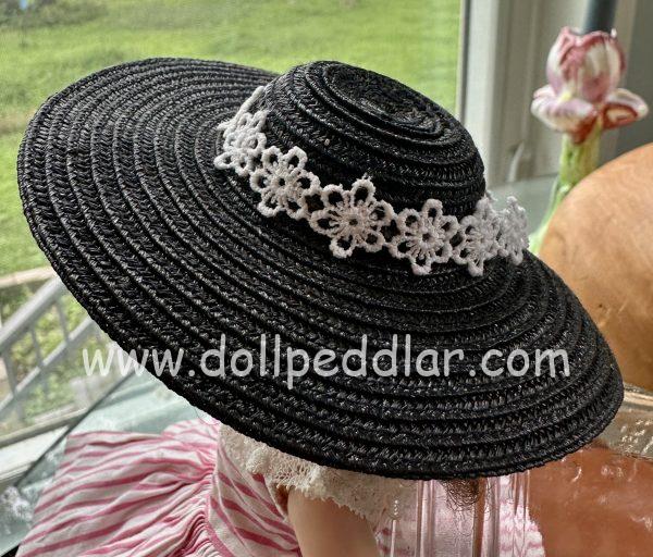 Black Wide-Brim Straw Hat with White Ribbon (Modeled on 4-5" Head) - Image 2