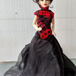 Goodreau Full Set 16″ ball jointed doll with floor length black satin gown w/red detailing, black updo
