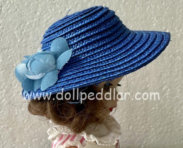 Blue Straw Hat with Flowers (Modeled on 4-5" Head)