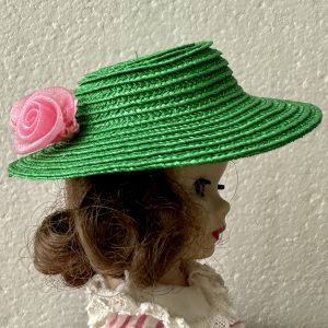 Green Straw Hat with Flowers (Modeled on 4-5″ Head)