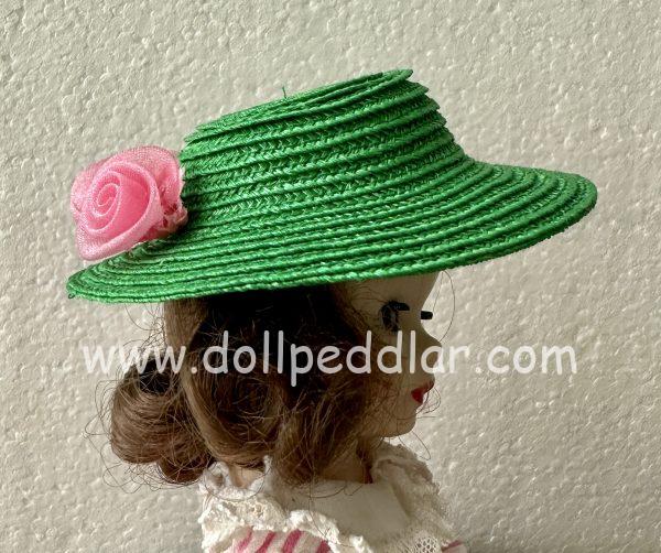 Green Straw Hat with Flowers (Modeled on 4-5" Head)