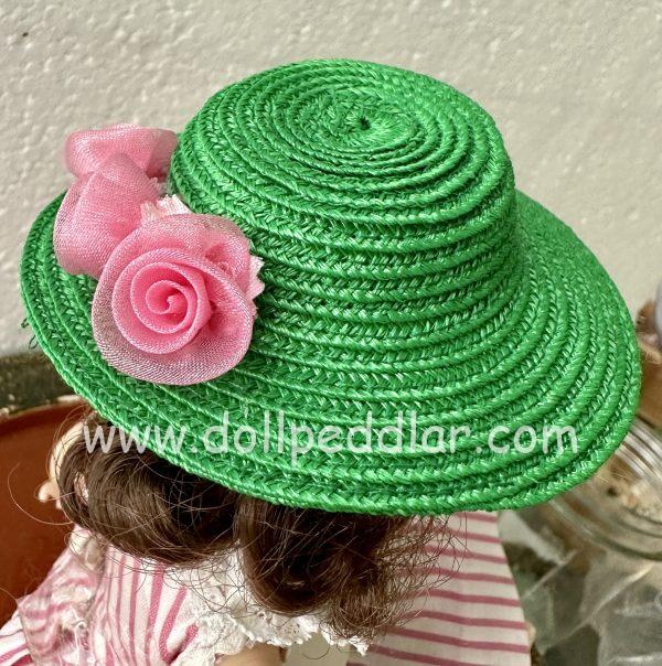 Green Straw Hat with Flowers (Modeled on 4-5" Head) - Image 2