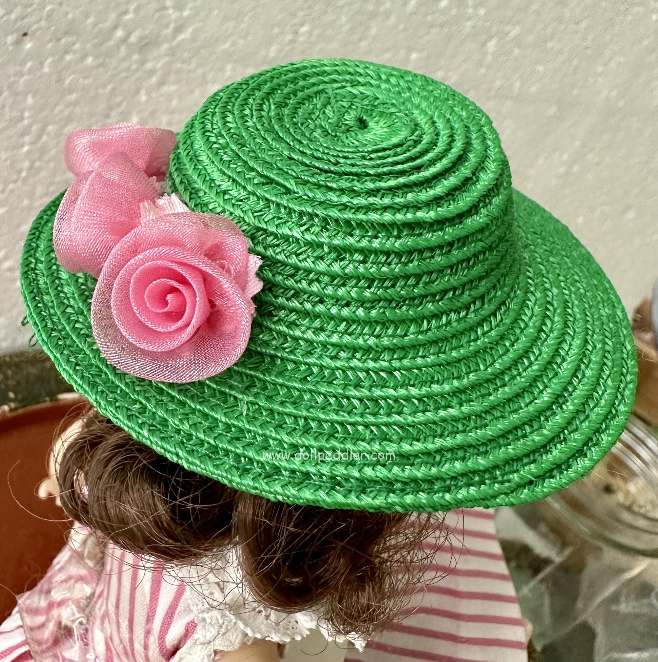 Green Straw Hat with Flowers (Modeled on 4-5" Head) - Image 2