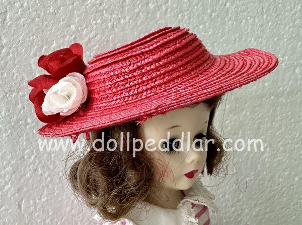 Red Straw Hat with Flowers (Modeled on 4-5" Head)