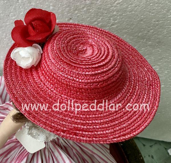 Red Straw Hat with Flowers (Modeled on 4-5" Head) - Image 3
