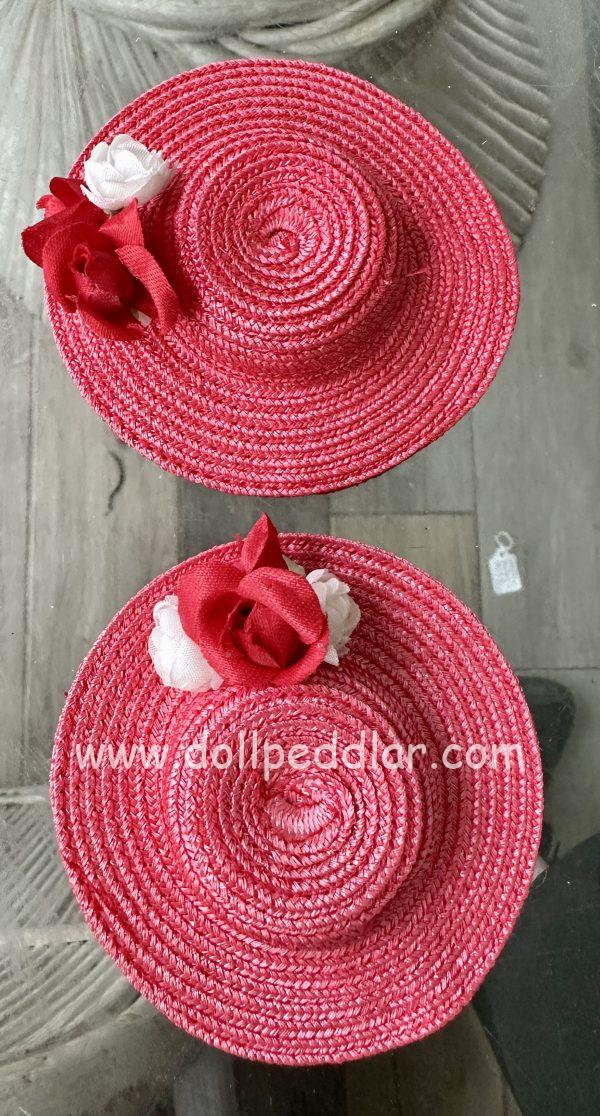 Red Straw Hat with Flowers (Modeled on 4-5" Head) - Image 2