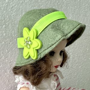 Green Felt Hat with Lime Green Ribbon (Modeled on 4-5″ Head)