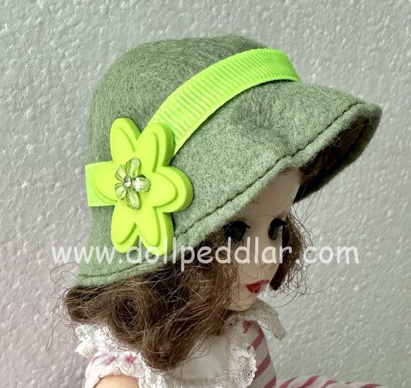 Green Felt Hat with Lime Green Ribbon (Modeled on 4-5" Head)