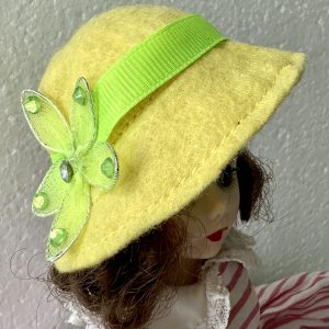 Yellow Felt Hat with Lime Green Ribbon (Modeled on 4-5″ Head)