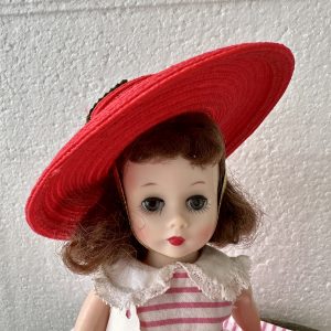 Red Straw Hat with Purple Ribbon and Flower (Modeled on 4-5″ Head)