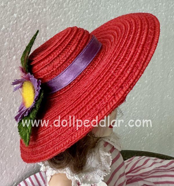 Red Straw Hat with Purple Ribbon and Flower (Modeled on 4-5" Head) - Image 4