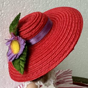 Red Straw Hat with Purple Ribbon and Flower (Modeled on 4-5″ Head)