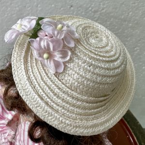White Straw Hat with Light Purple Flowers (Modeled on 4-5″ Head)