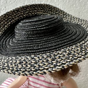 Wide Brimmed Black and White Straw Hat (Modeled on 4-5″ Head)