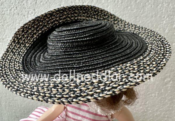 Wide Brimmed Black and White Straw Hat (Modeled on 4-5" Head)