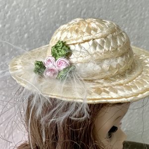 Straw Hat with Small Pink Flowers (Modeled on 4-5″ Head)