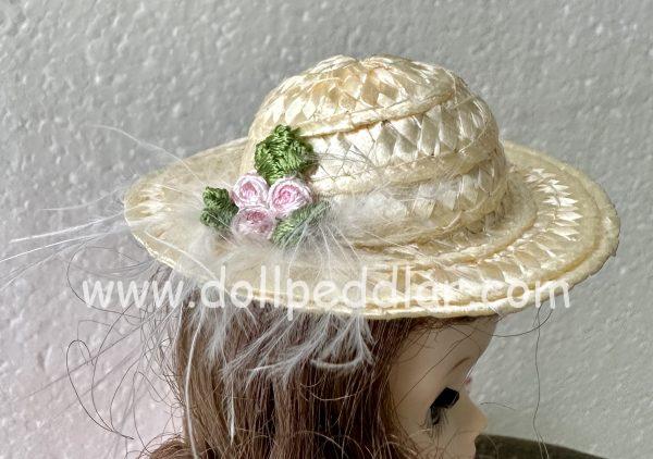 Straw Hat with Small Pink Flowers (Modeled on 4-5" Head)