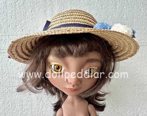 Straw Bonnet Hat with Blue Flowers (Modeled on 9-10" Head) - Image 6