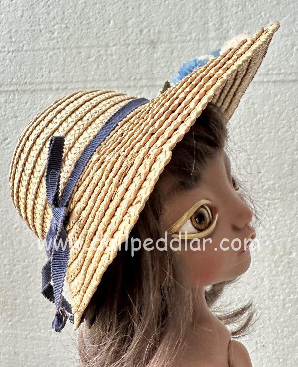 Straw Bonnet Hat with Blue Flowers (Modeled on 9-10" Head) - Image 5