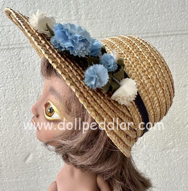 Straw Bonnet Hat with Blue Flowers (Modeled on 9-10" Head)