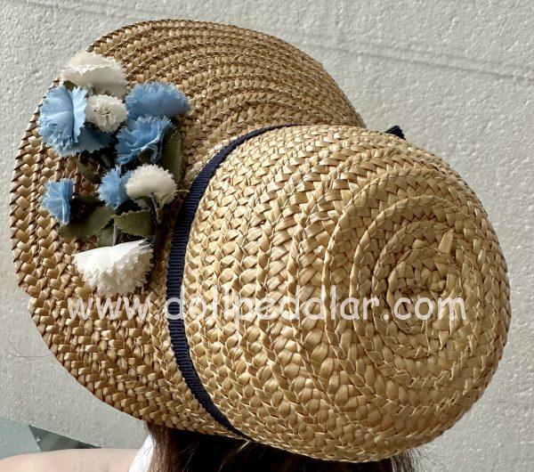 Straw Bonnet Hat with Blue Flowers (Modeled on 9-10" Head) - Image 3