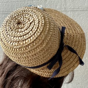 Straw Bonnet Hat with Blue Flowers (Modeled on 9-10″ Head)