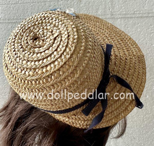 Straw Bonnet Hat with Blue Flowers (Modeled on 9-10" Head) - Image 2