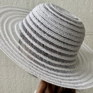 White Wide-Brim Sun Hat (Modeled on 9-10″ Head)