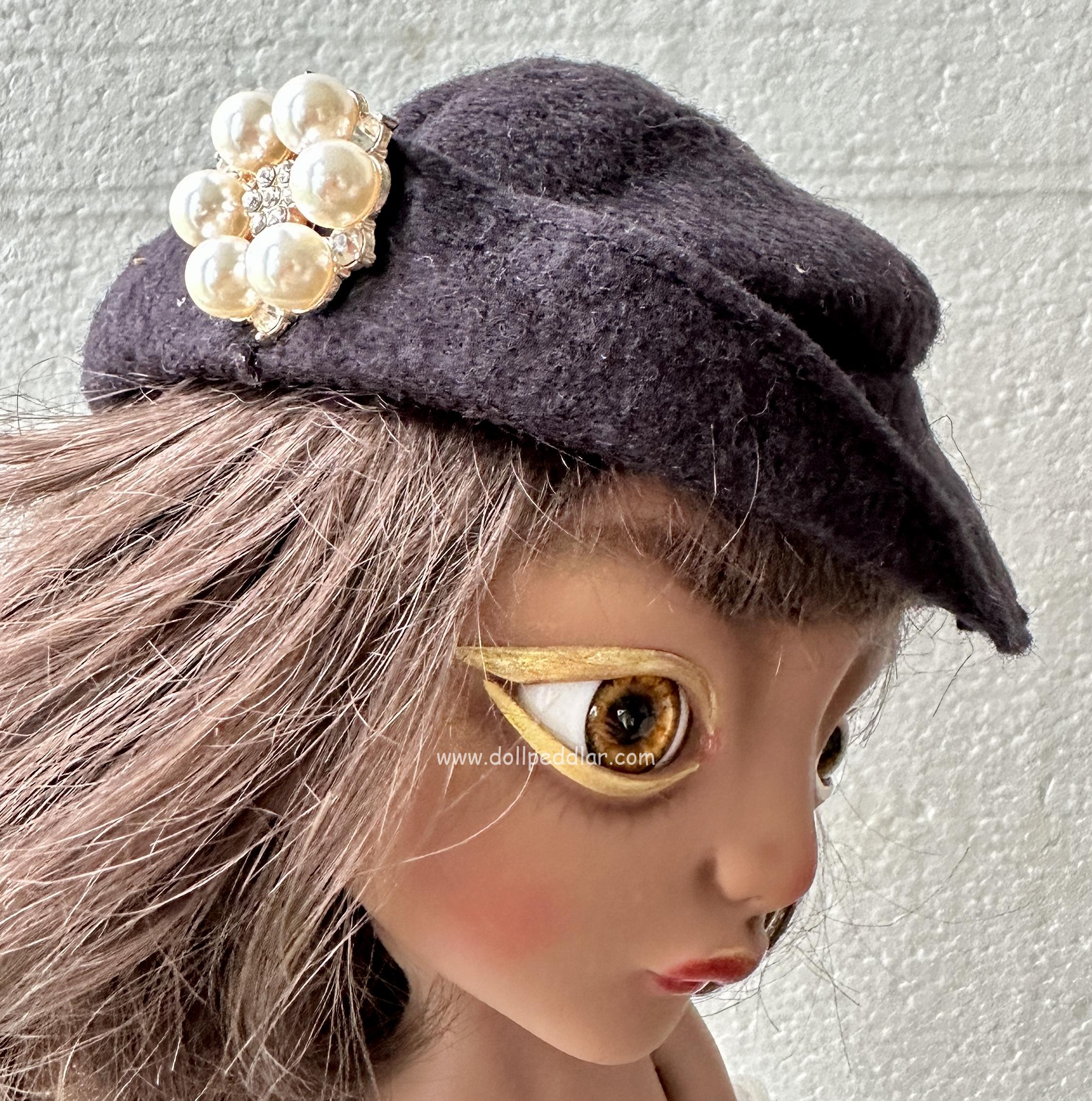 Black Felt Hat with Pin (Modeled on 9-10" Head)