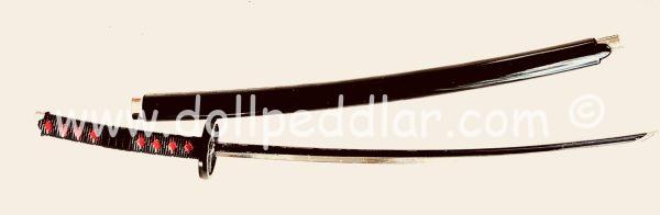 Katana Samurai All Metal Sword 9.75" for Dolls (Scabbard Black Lacquer with Red Disc Collar/Handle Black Braid w/Diamond Pattern) - Image 3