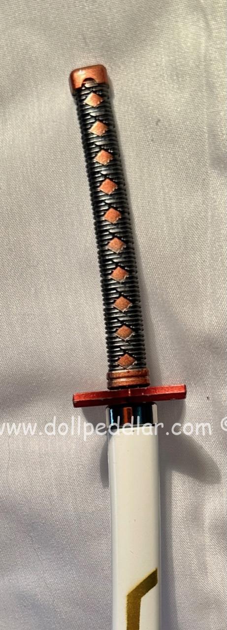 Katana Samurai All Metal Sword 9.75" for Dolls (Scabbard White with Gold Collar/Handle Black Braid w/Diamond Pattern) - Image 5