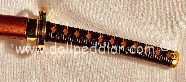 Katana Samurai All Metal Sword 9.75" for Dolls (Scabbard Black Lacquer with Red Disc Collar/Handle Black Braid w/Diamond Pattern) - Image 4
