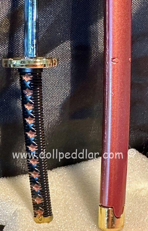 Katana Samurai All Metal Sword 9.75" for Dolls (Scabbard Bronze with Gold Collar/Handle Black Braid w/Diamond Pattern) - Image 3