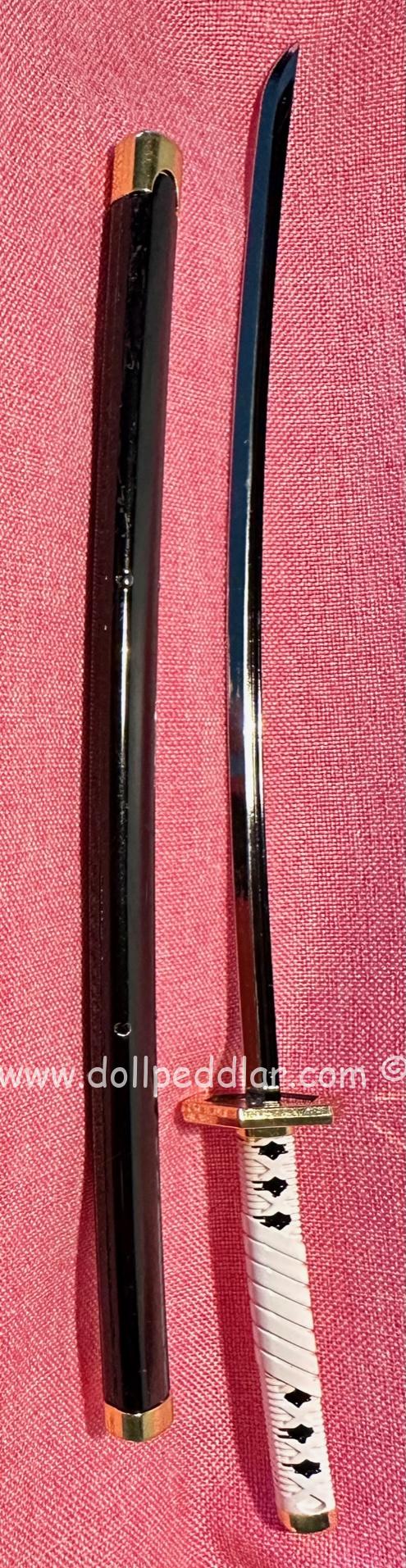 Katana Samurai All Metal Sword 9.75" for Dolls (Scabbard Black Lacquer with Vermillion Collar/Handle White Braid w/Full Diamond Pattern) - Image 2