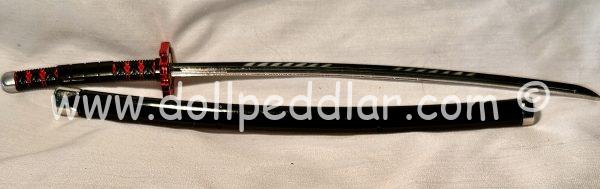 Katana Samurai All Metal Sword 9.75" for Dolls (Scabbard Black Lacquer with Red Disc Collar/Handle Black Braid w/Diamond Pattern)