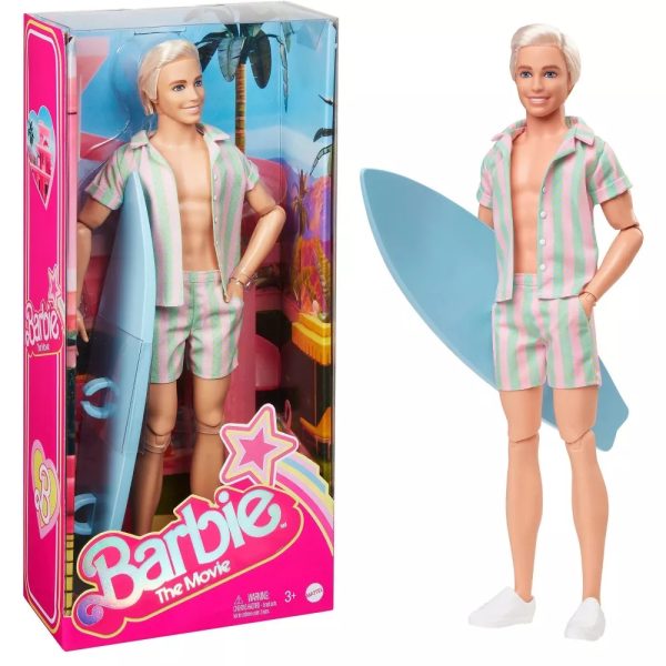 HPJ97 Barbie The Movie Ken Doll Wearing Pastel Striped Beach Set - Image 5