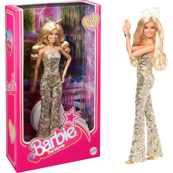 HP6JJ. Barbie the Movie  Margot Robbie as Barbie  in Gold Disco Jumpsuit  NRFB