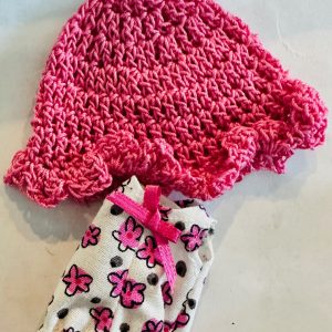 Pink Print Knit Romper with Pink Crochet Hat Handmade fits 4″-6″ (11cm) dolls