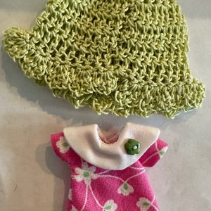 Pink Floral Cowl Collar Dress with Chartreuse Crochet Hat & Underpants Handmade Fits 4″-6″ (11cm) Dolls