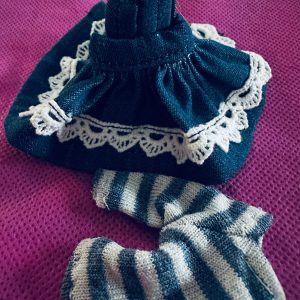 Denim Blue Jumper with lace trim, blue & white stripe leggings.Handmade Fits dolls 4″-6″ (11cm)