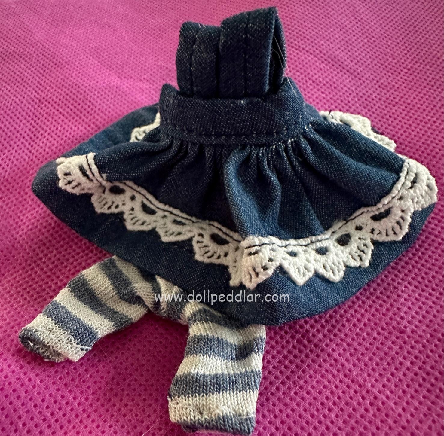 Denim Blue Jumper with lace trim, blue & white stripe leggings.Handmade Fits dolls 4"-6" (11cm) - Image 3