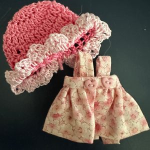 Pink floral dress with Crochet hat   Handmade Fits  dolls 4″-6″ (11cm)