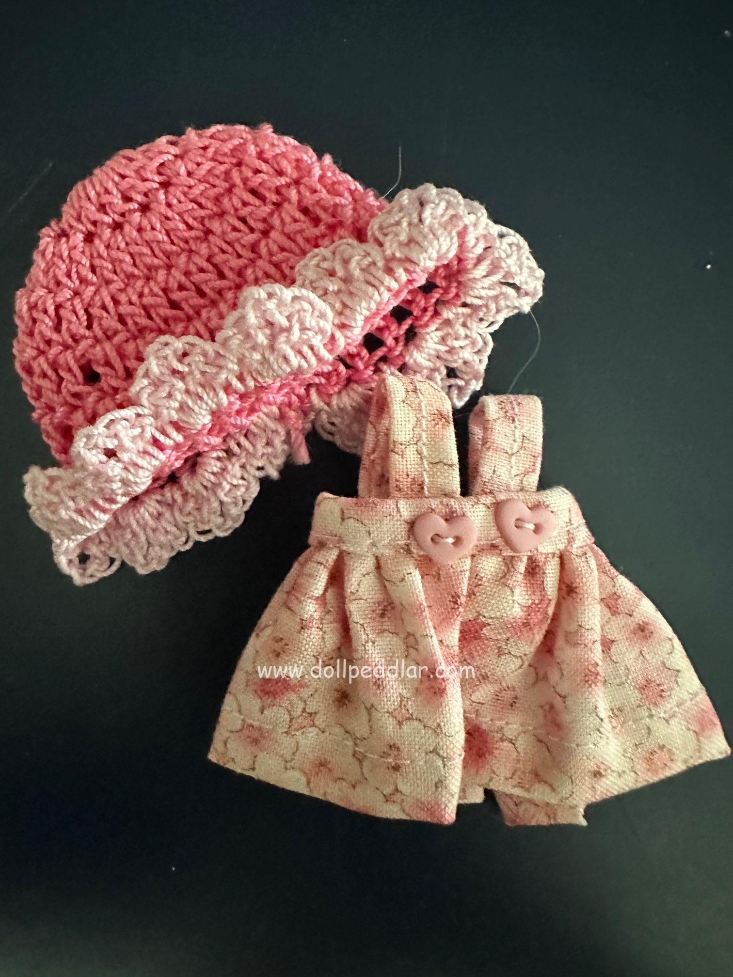 Pink floral dress with Crochet hat Handmade Fits dolls 4"-6" (11cm) - Image 2