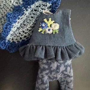 Blue drop waist w/ruffle dress, crochet hat, blue print leggings Handmade Fits 4″-6″ (11cm) Dolls Sprout, Lati , similar
