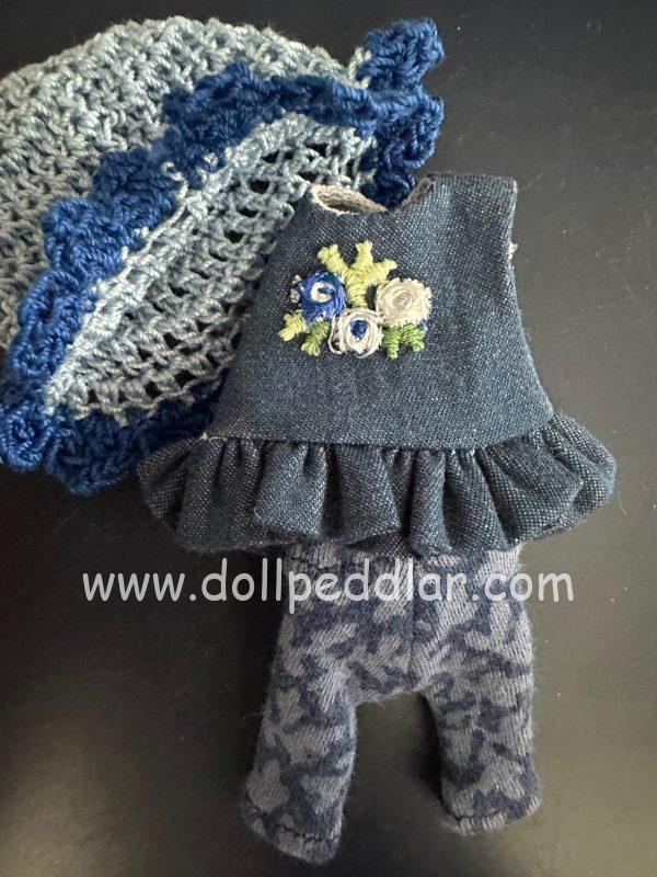 Blue drop waist w/ruffle dress, crochet hat, blue print leggings Handmade Fits 4"-6" (11cm) Dolls Sprout, Lati , similar