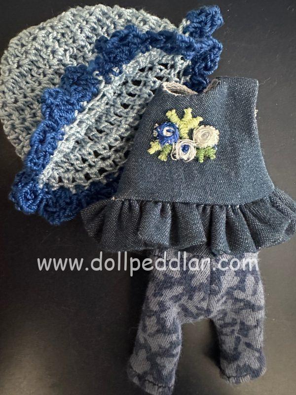 Blue drop waist w/ruffle dress, crochet hat, blue print leggings Handmade Fits 4"-6" (11cm) Dolls Sprout, Lati , similar - Image 3