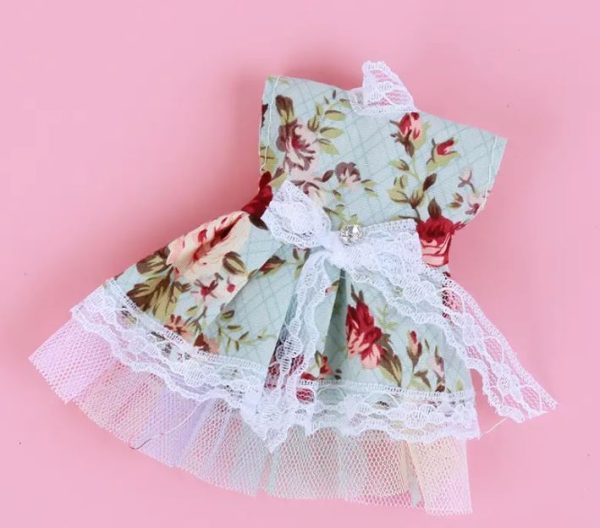 Blue Floral Dress with Lace Bow (4" Long)
